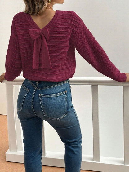 Crew Neck Long Sleeves Back Bow Casual Sweater