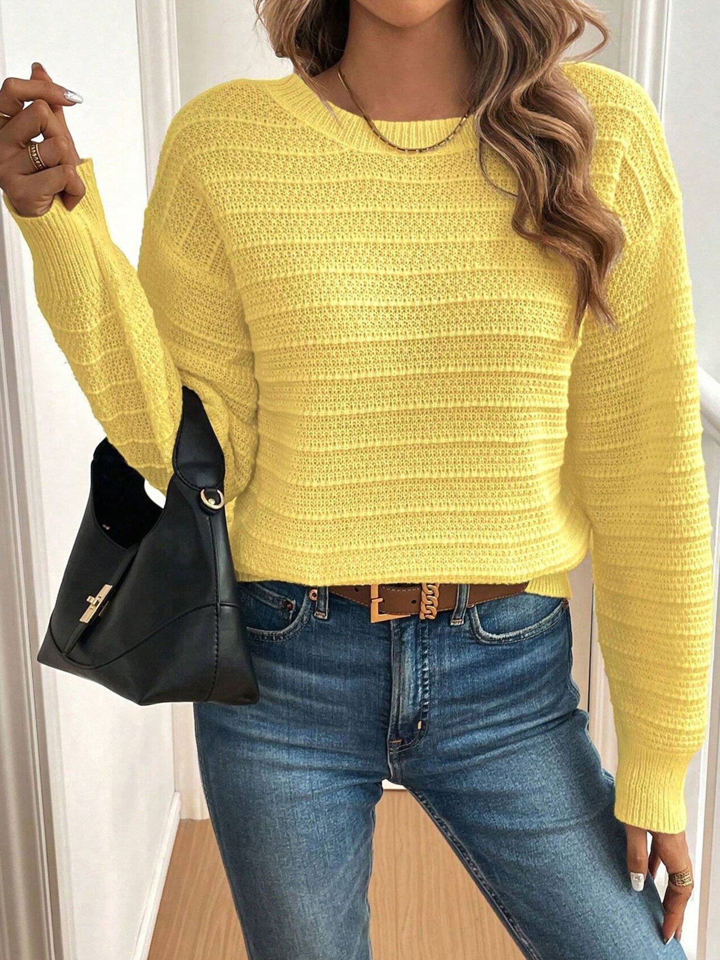 Crew Neck Long Sleeves Back Bow Casual Sweater