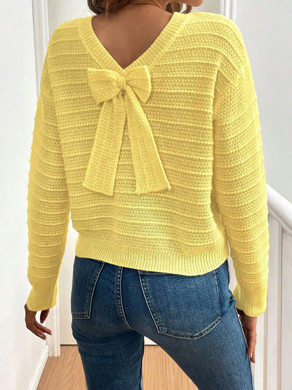 Crew Neck Long Sleeves Back Bow Casual Sweater
