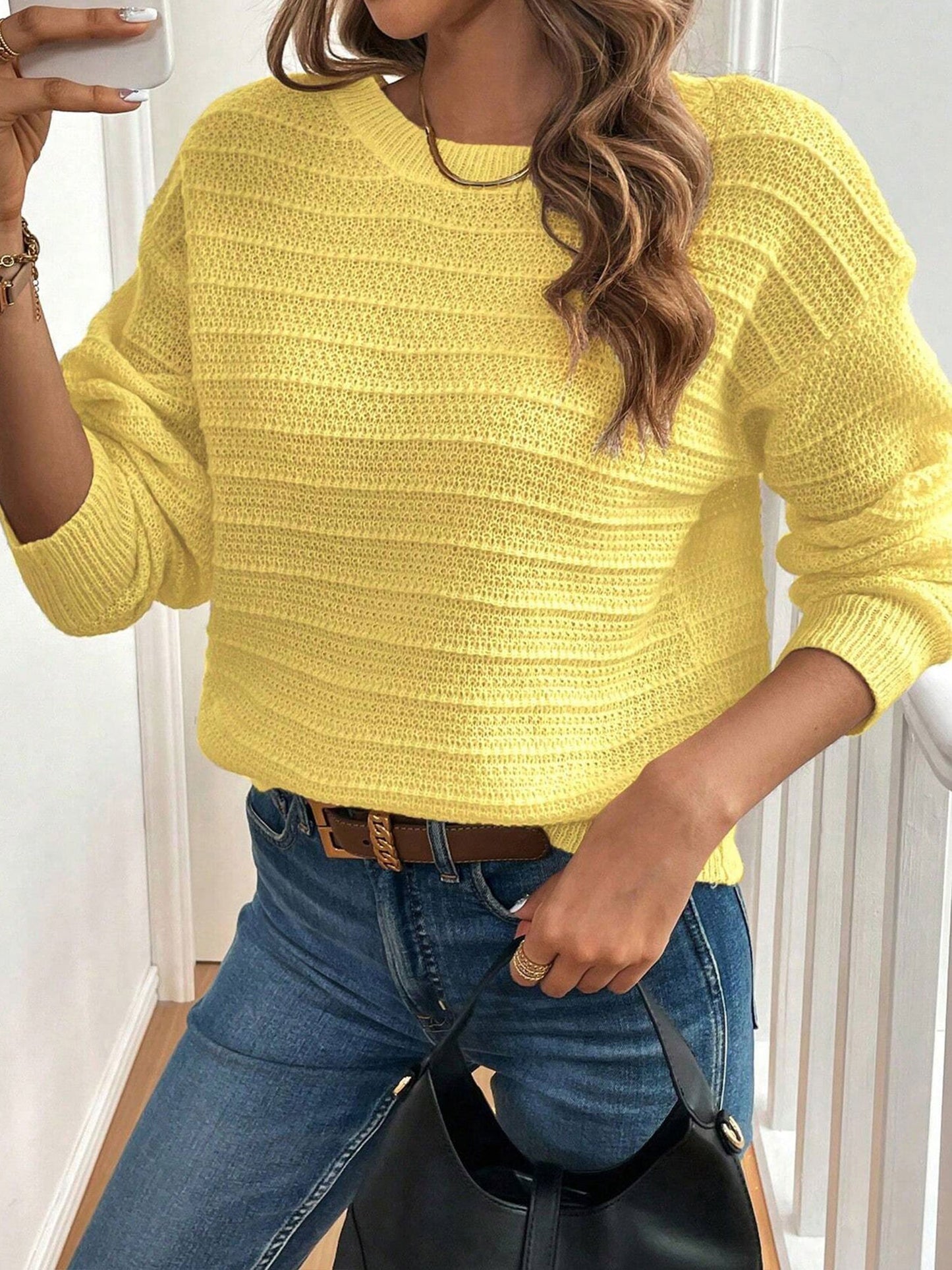 Crew Neck Long Sleeves Back Bow Casual Sweater