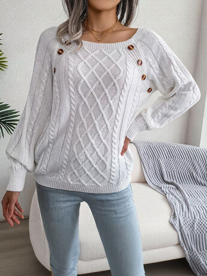 Round Neck Button Decor Cable Knit Pullover Sweater