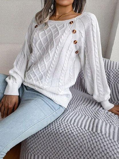 Round Neck Button Decor Cable Knit Pullover Sweater