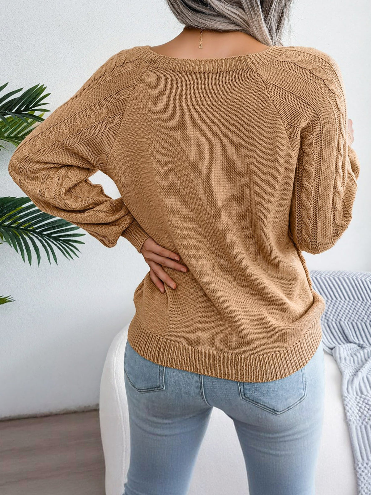 Round Neck Button Decor Cable Knit Pullover Sweater