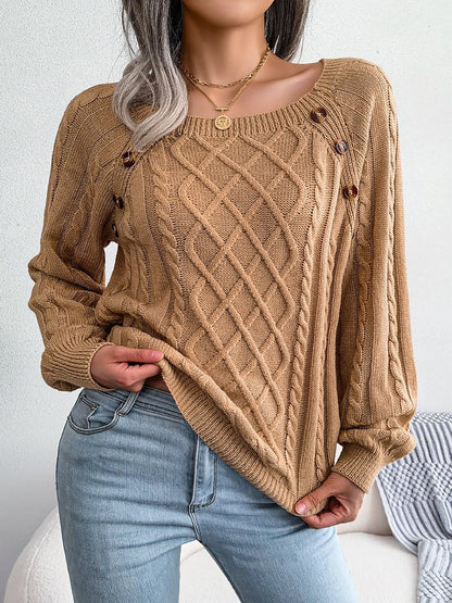 Round Neck Button Decor Cable Knit Pullover Sweater