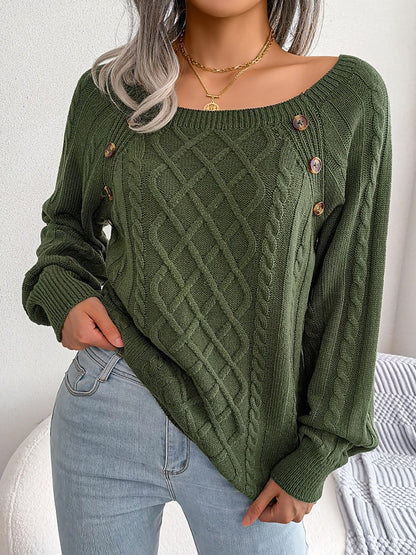 Round Neck Button Decor Cable Knit Pullover Sweater