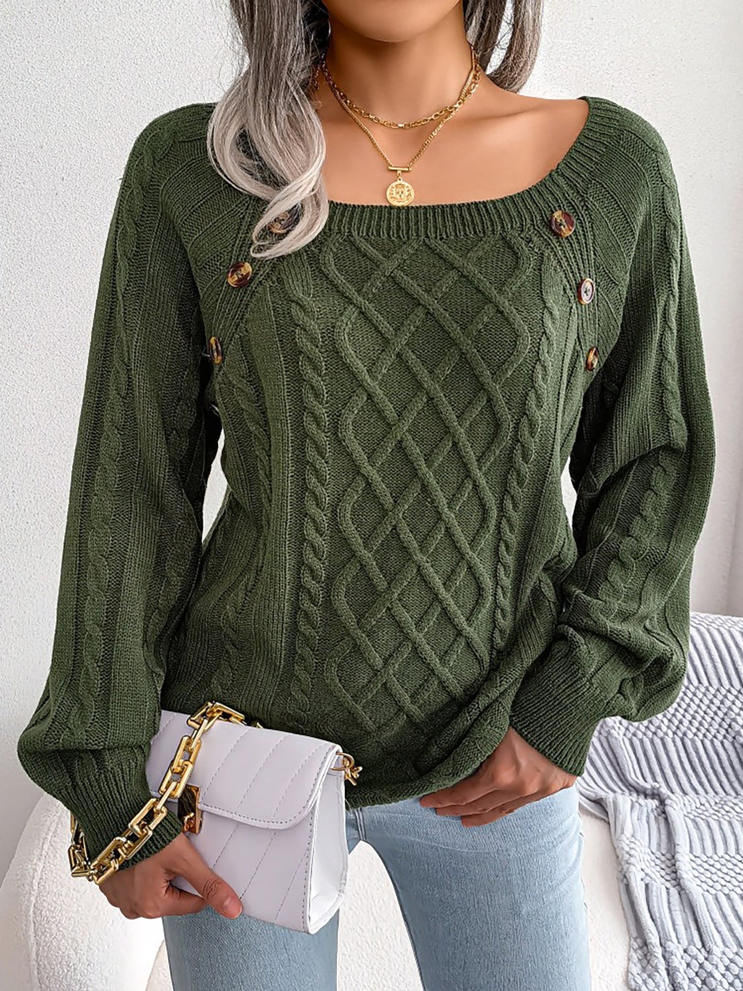 Round Neck Button Decor Cable Knit Pullover Sweater