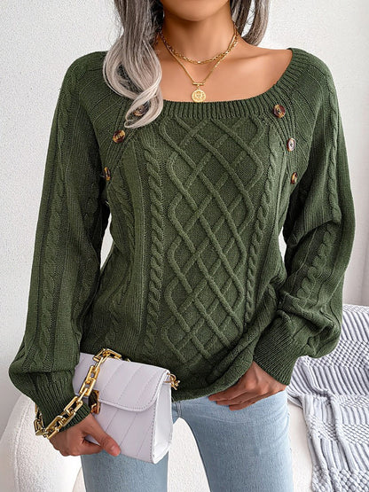 Round Neck Button Decor Cable Knit Pullover Sweater
