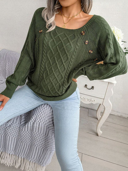 Round Neck Button Decor Cable Knit Pullover Sweater