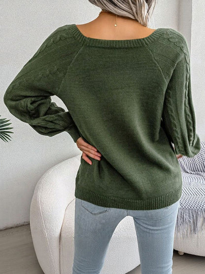 Round Neck Button Decor Cable Knit Pullover Sweater