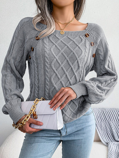 Round Neck Button Decor Cable Knit Pullover Sweater