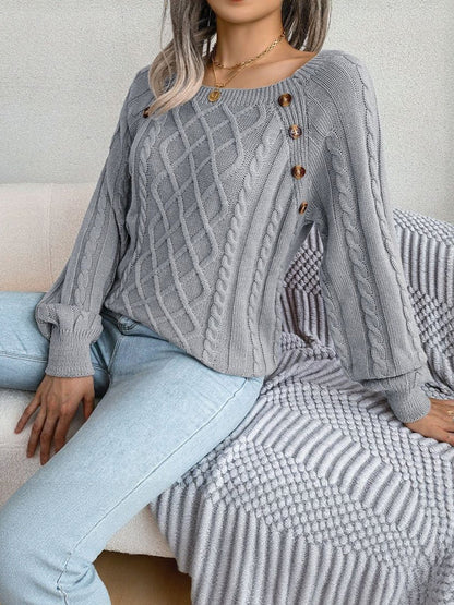 Round Neck Button Decor Cable Knit Pullover Sweater