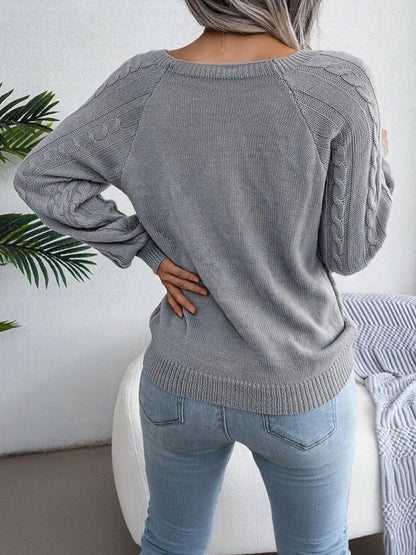 Round Neck Button Decor Cable Knit Pullover Sweater