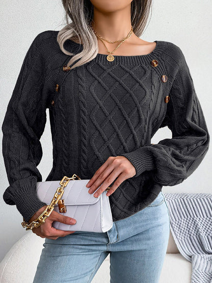Round Neck Button Decor Cable Knit Pullover Sweater