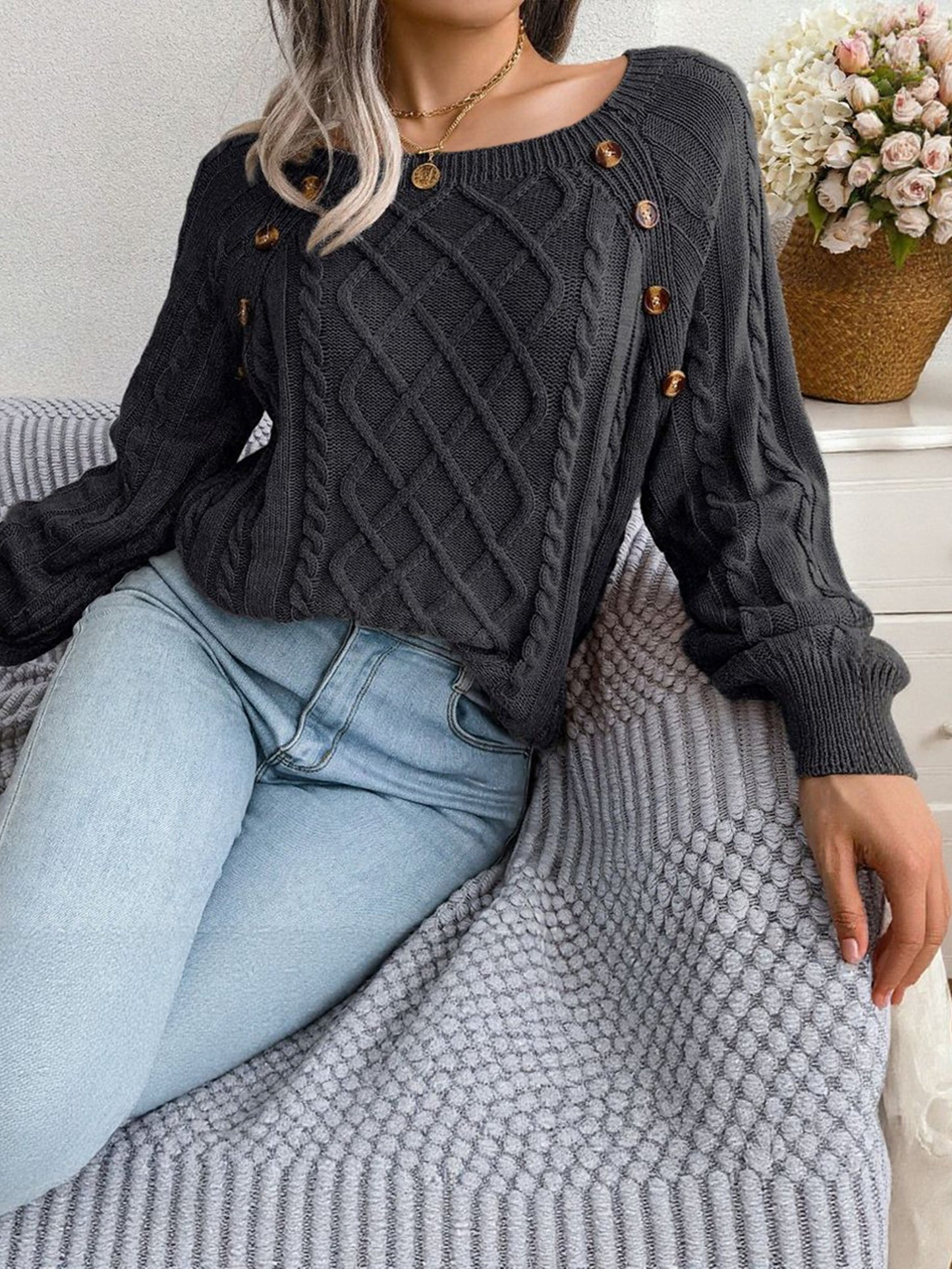 Round Neck Button Decor Cable Knit Pullover Sweater