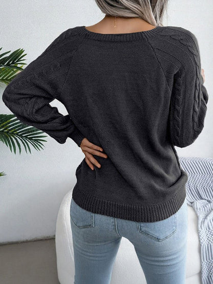 Round Neck Button Decor Cable Knit Pullover Sweater