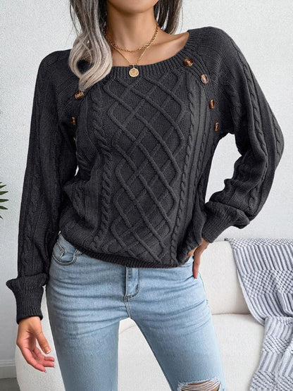 Round Neck Button Decor Cable Knit Pullover Sweater