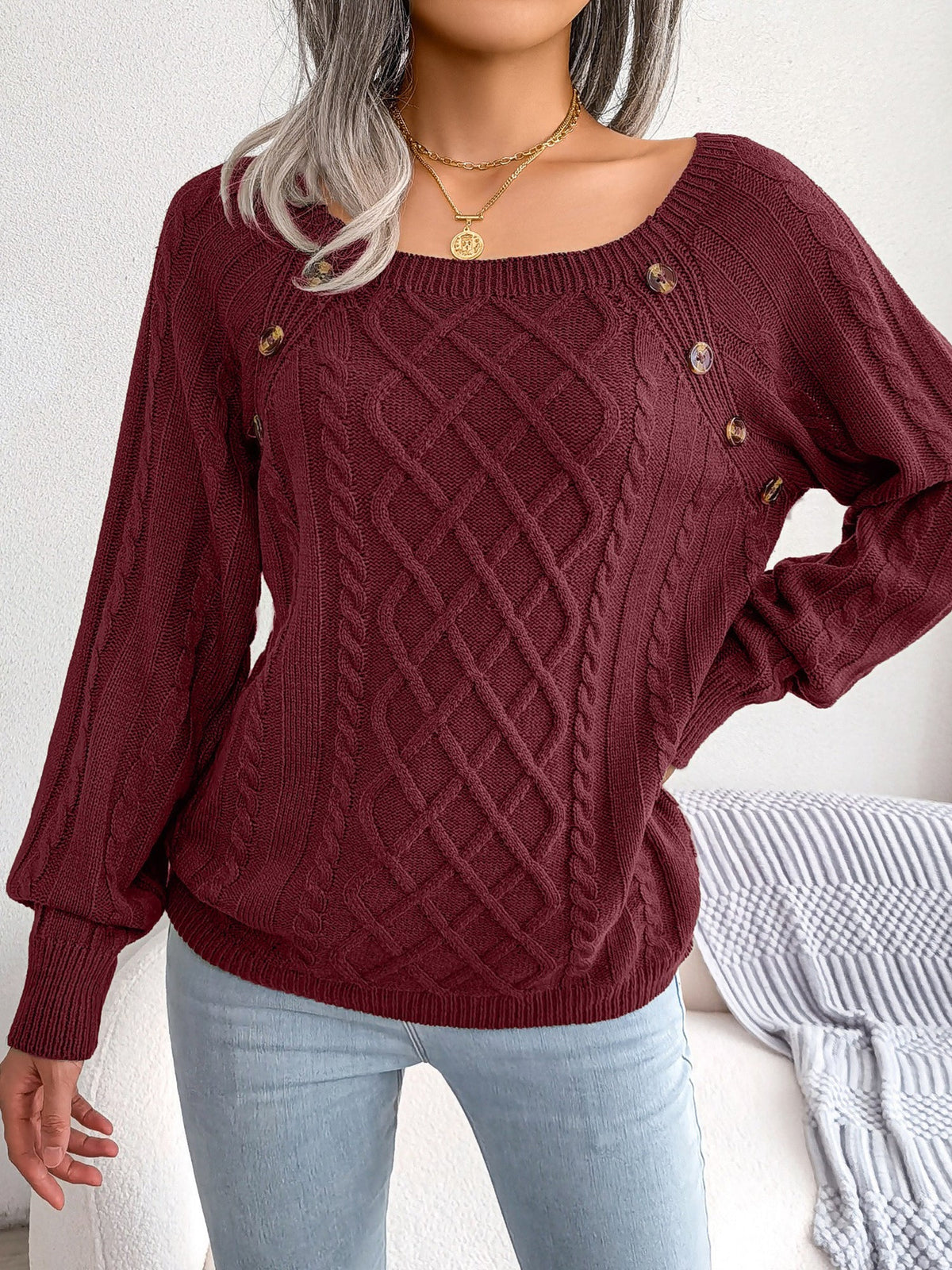 Round Neck Button Decor Cable Knit Pullover Sweater