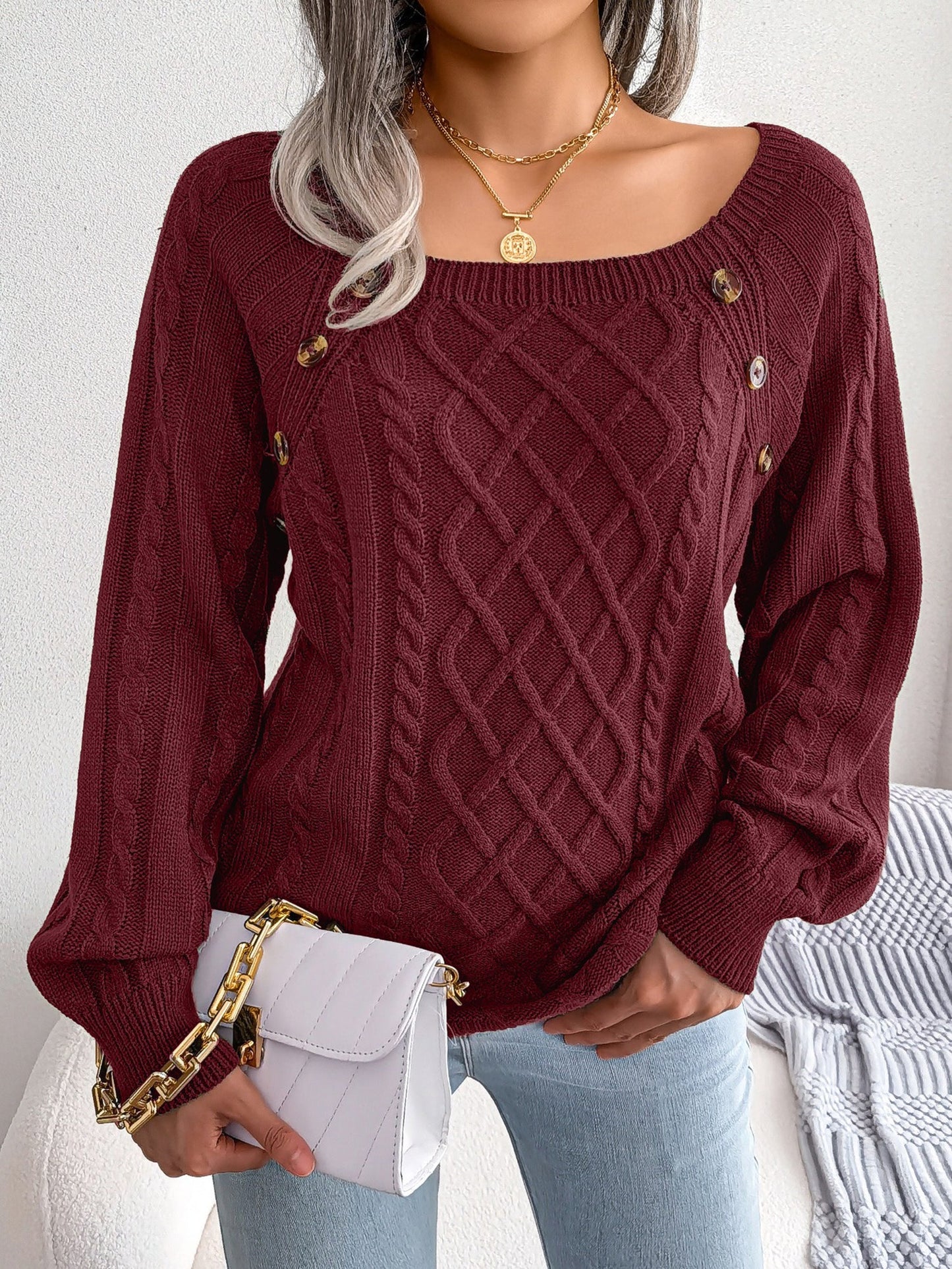 Round Neck Button Decor Cable Knit Pullover Sweater