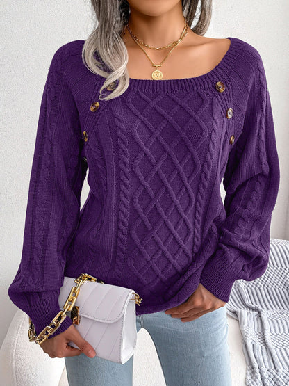 Round Neck Button Decor Cable Knit Pullover Sweater