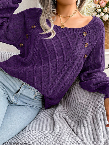 Round Neck Button Decor Cable Knit Pullover Sweater