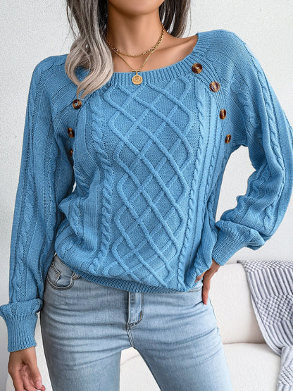 Round Neck Button Decor Cable Knit Pullover Sweater