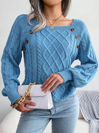 Round Neck Button Decor Cable Knit Pullover Sweater