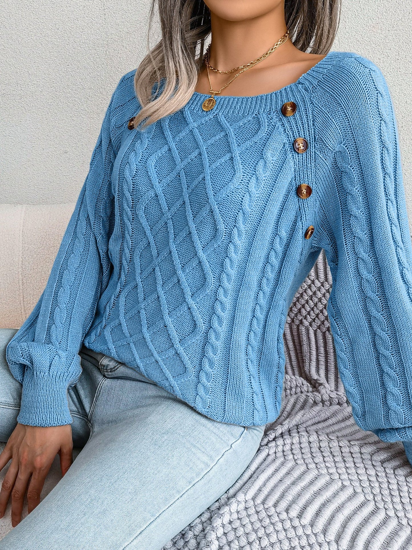 Round Neck Button Decor Cable Knit Pullover Sweater