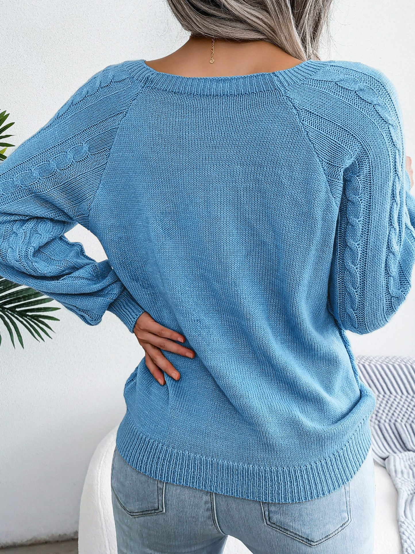 Round Neck Button Decor Cable Knit Pullover Sweater