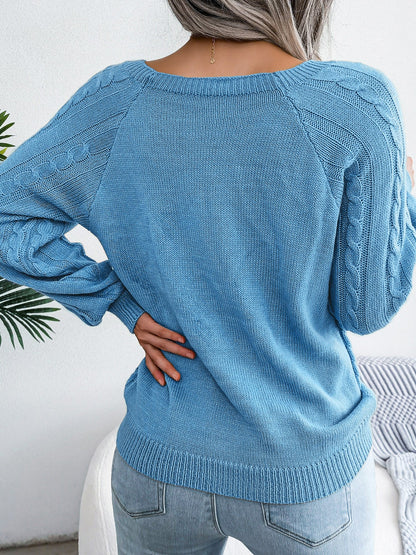 Round Neck Button Decor Cable Knit Pullover Sweater