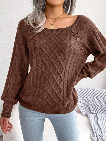 Round Neck Button Decor Cable Knit Pullover Sweater