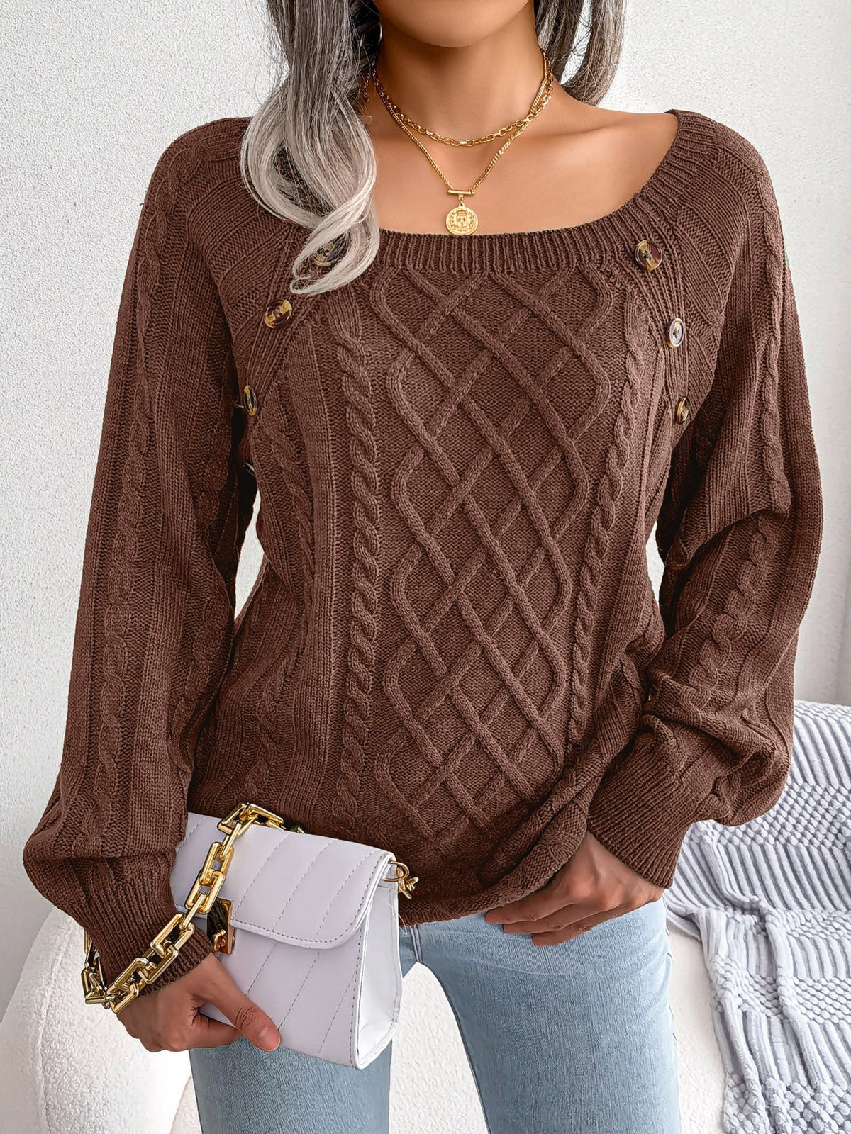 Round Neck Button Decor Cable Knit Pullover Sweater