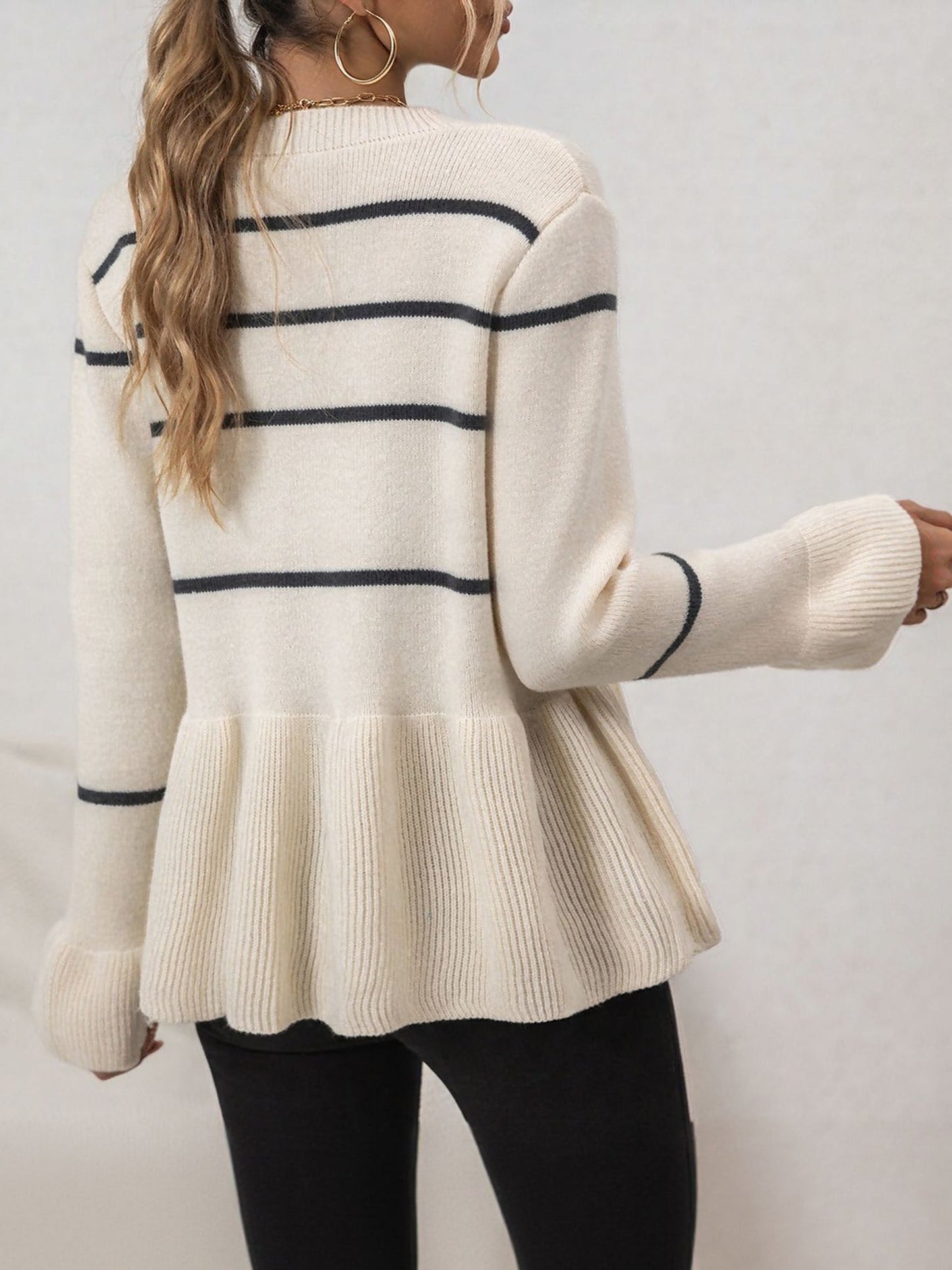 Striped Long Sleeve Ruffled Hem Knitted Cardigan