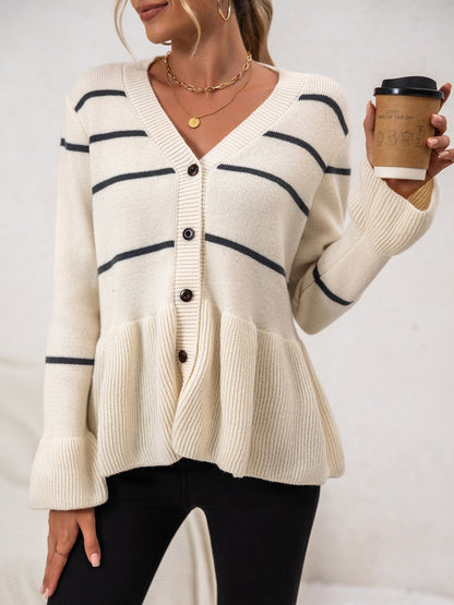 Striped Long Sleeve Ruffled Hem Knitted Cardigan