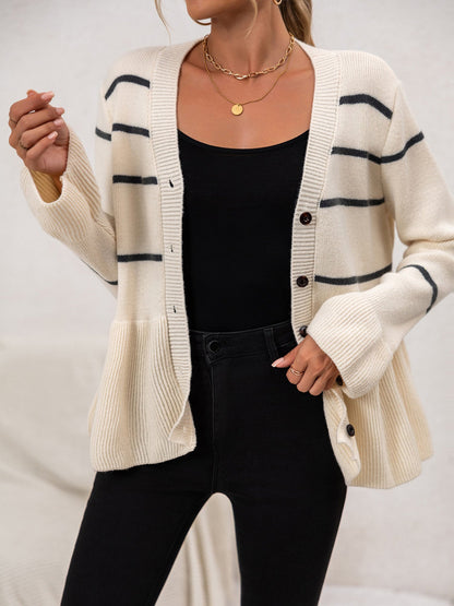 Striped Long Sleeve Ruffled Hem Knitted Cardigan
