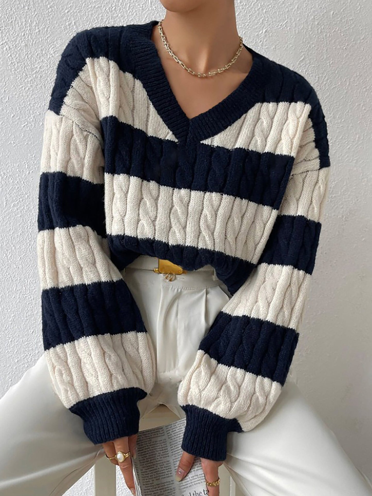 V Neck Striped Colorblock Cable Knit Sweater