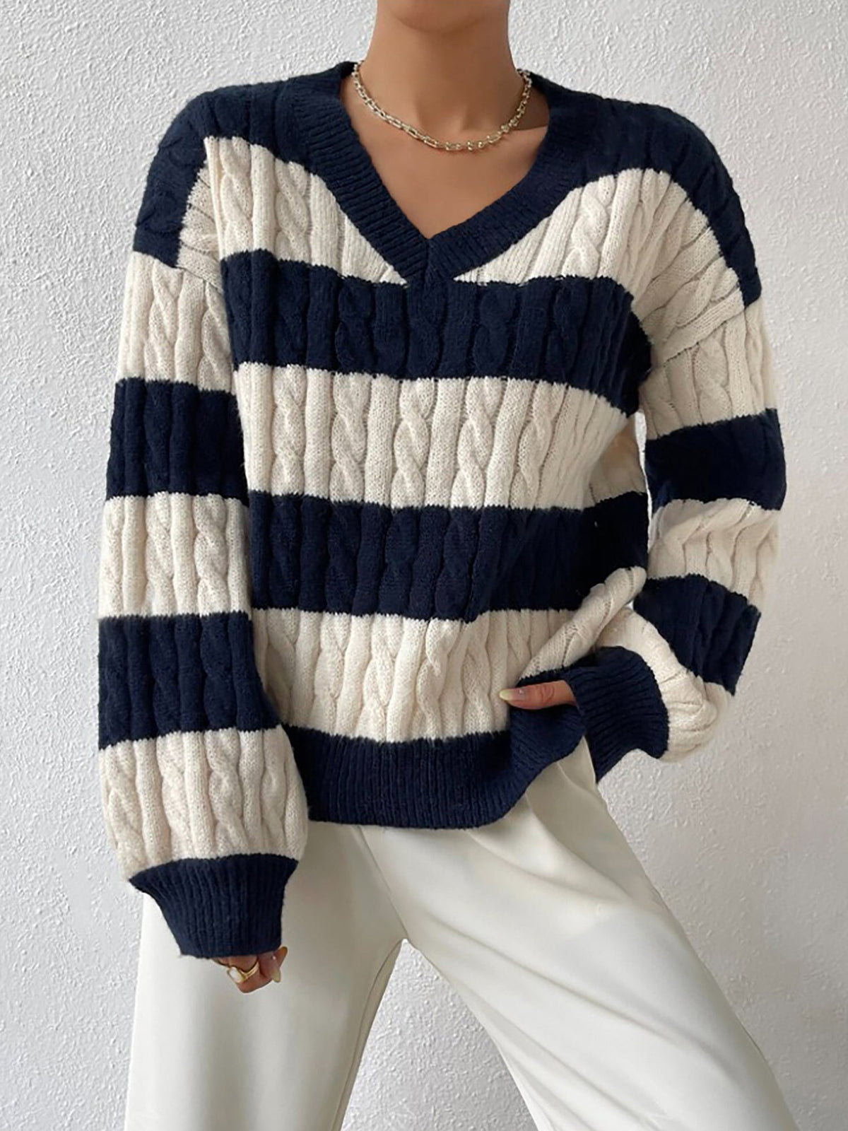V Neck Striped Colorblock Cable Knit Sweater