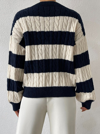 V Neck Striped Colorblock Cable Knit Sweater
