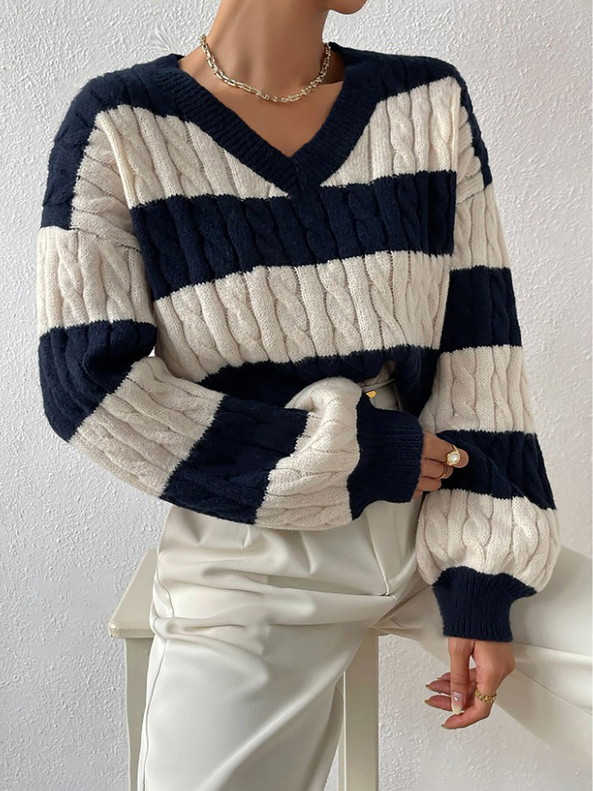 V Neck Striped Colorblock Cable Knit Sweater