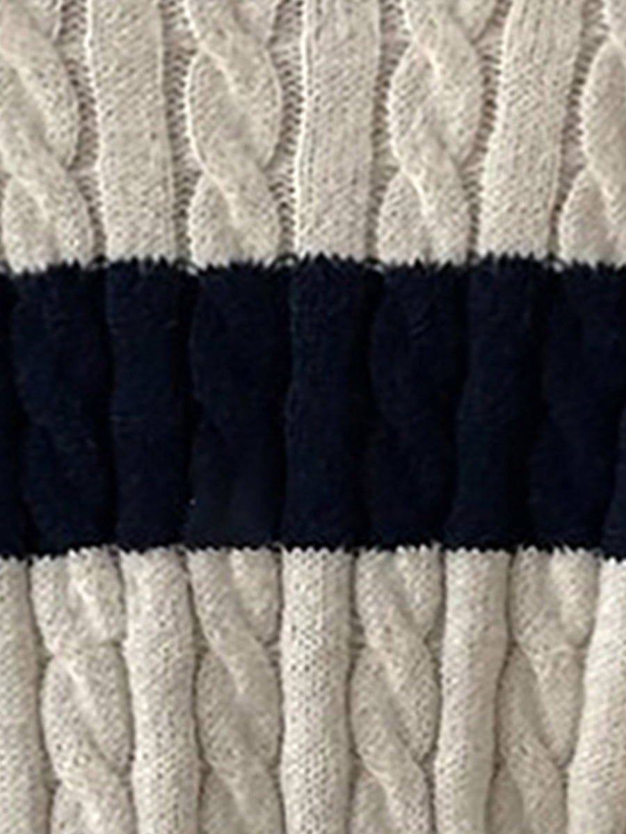 V Neck Striped Colorblock Cable Knit Sweater