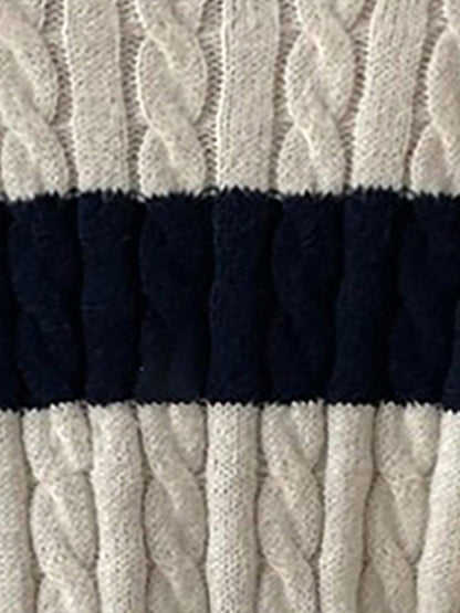 V Neck Striped Colorblock Cable Knit Sweater