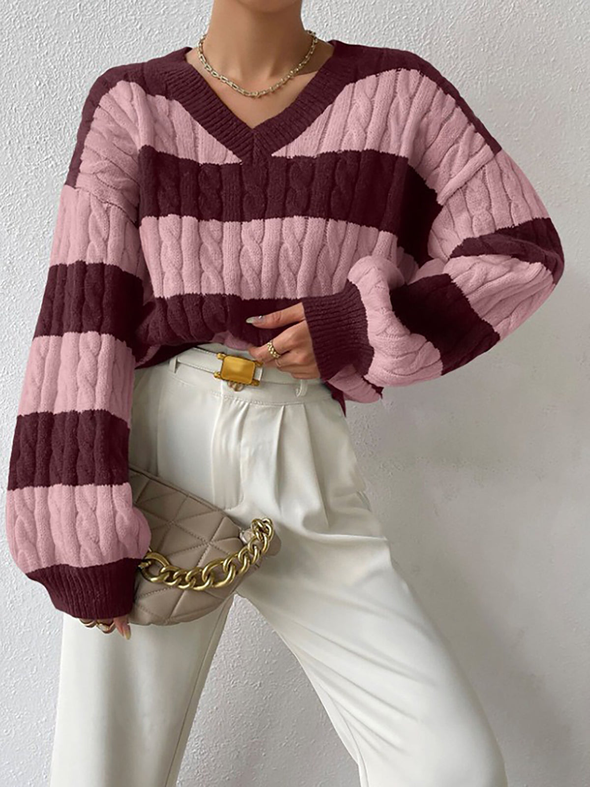 V Neck Striped Colorblock Cable Knit Sweater
