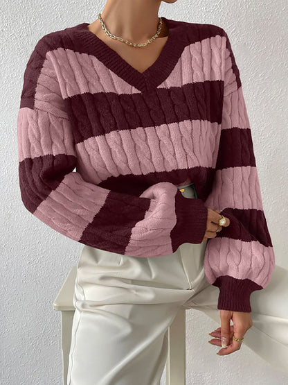 V Neck Striped Colorblock Cable Knit Sweater