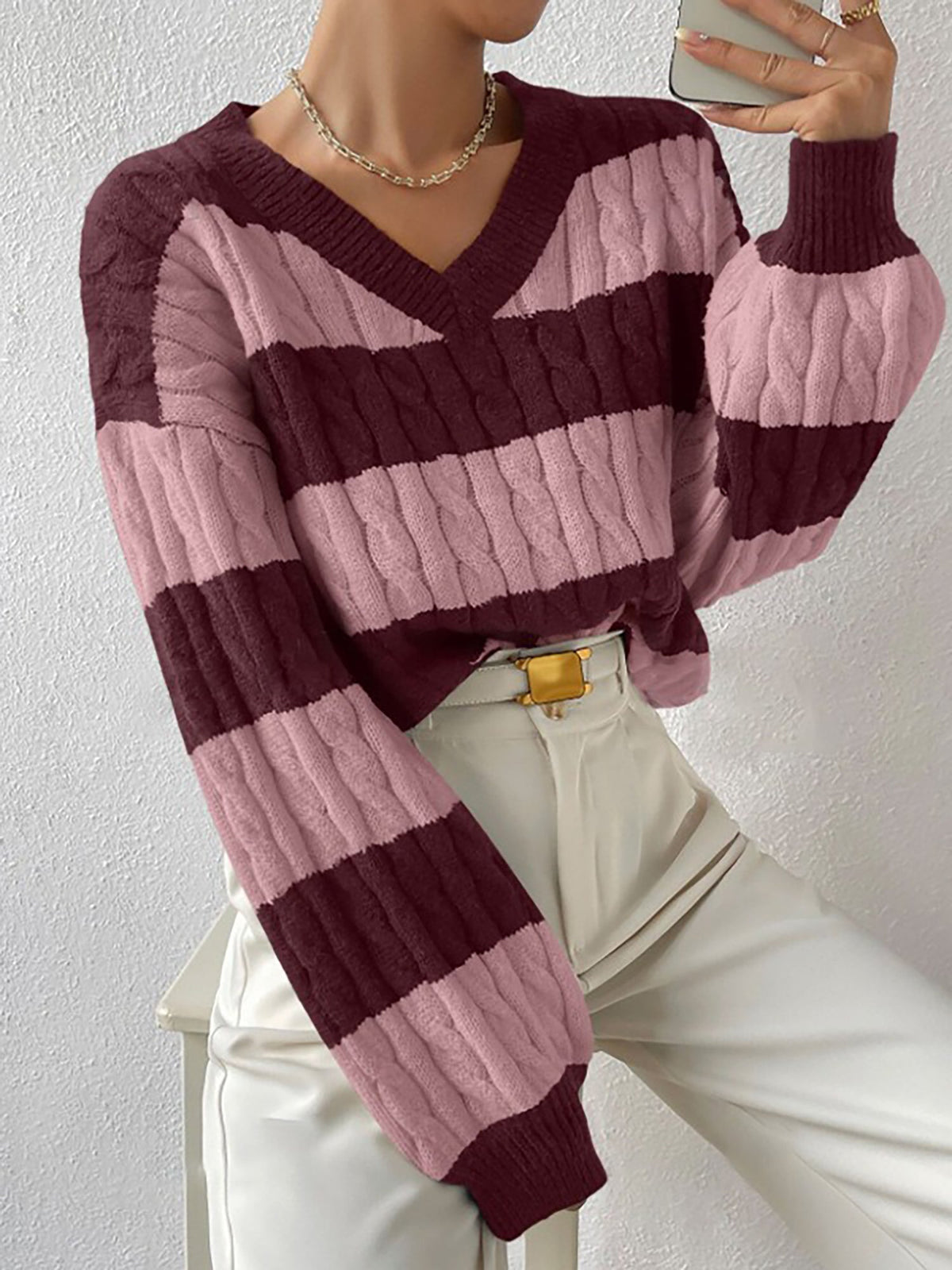 V Neck Striped Colorblock Cable Knit Sweater