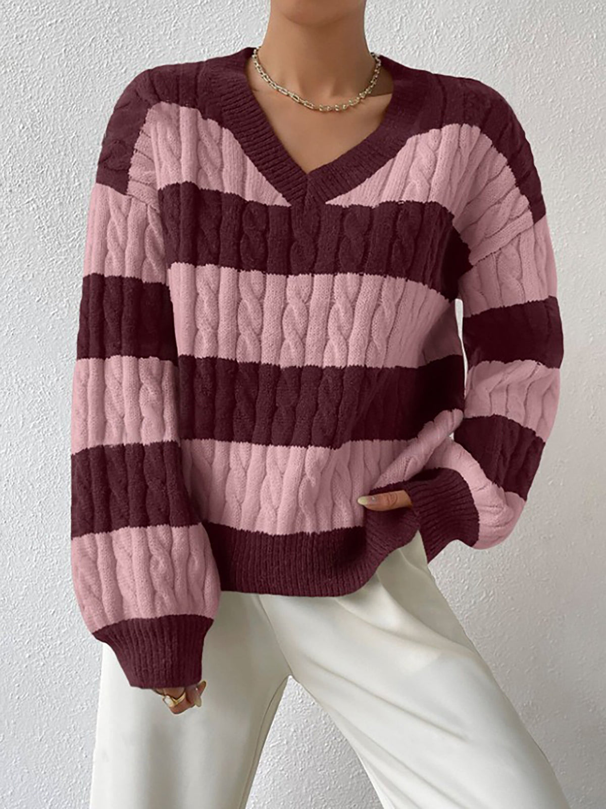 V Neck Striped Colorblock Cable Knit Sweater
