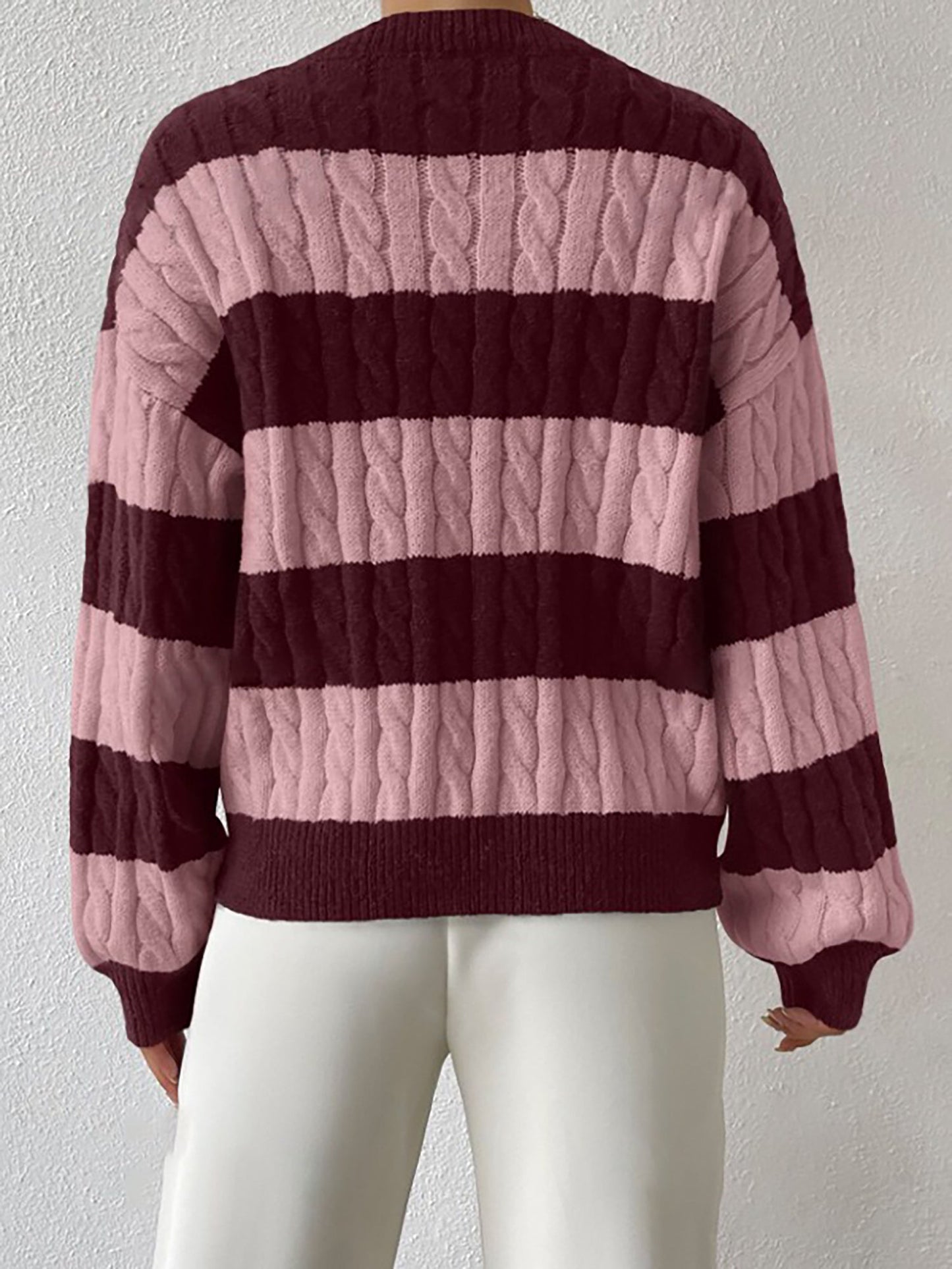 V Neck Striped Colorblock Cable Knit Sweater