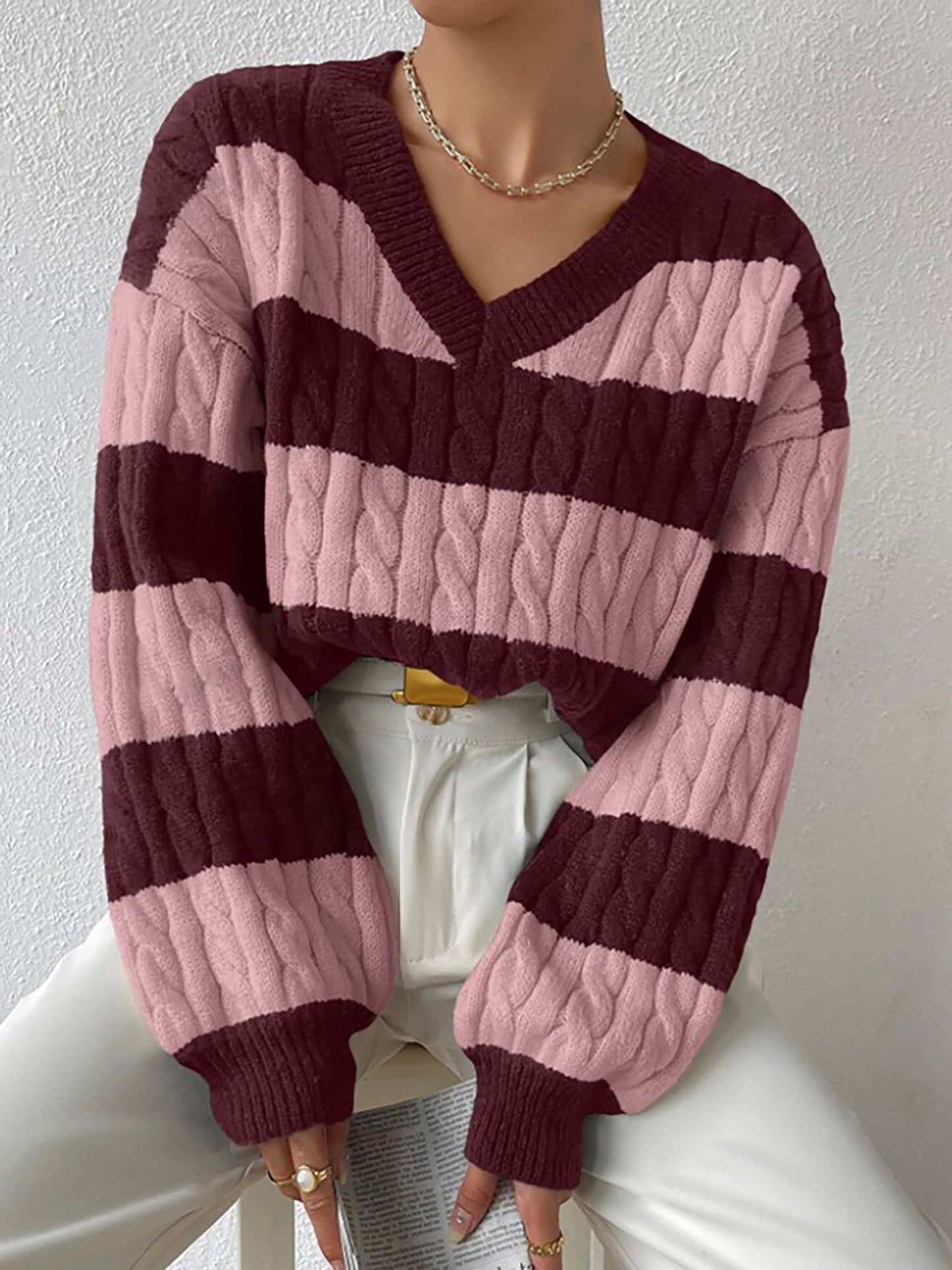V Neck Striped Colorblock Cable Knit Sweater