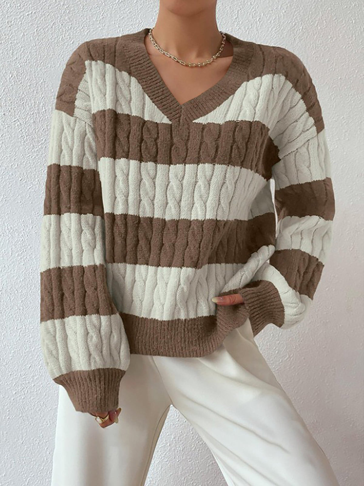 V Neck Striped Colorblock Cable Knit Sweater