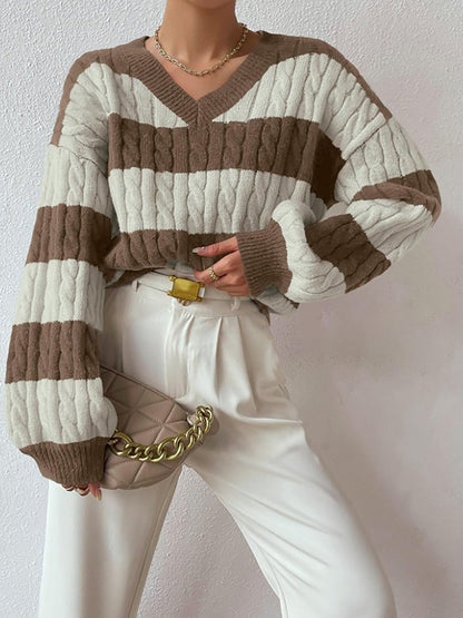 V Neck Striped Colorblock Cable Knit Sweater