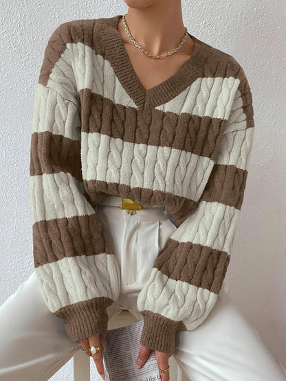 V Neck Striped Colorblock Cable Knit Sweater