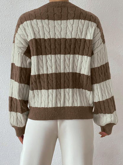V Neck Striped Colorblock Cable Knit Sweater